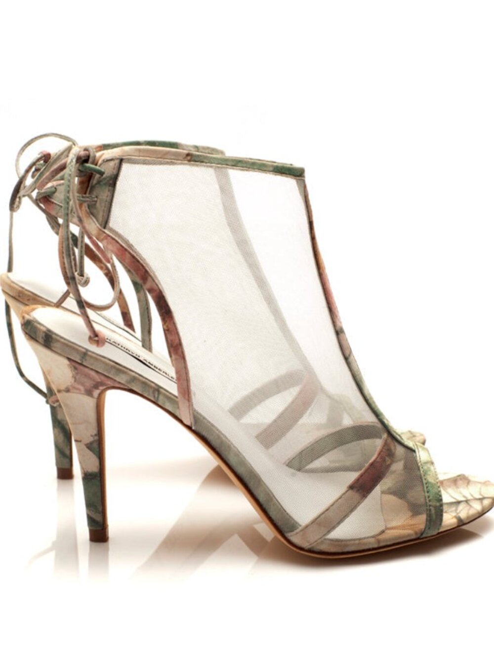 New Handmade Mesh & Floral Leather Lace-Up Stiletto High Heels NYC Designer